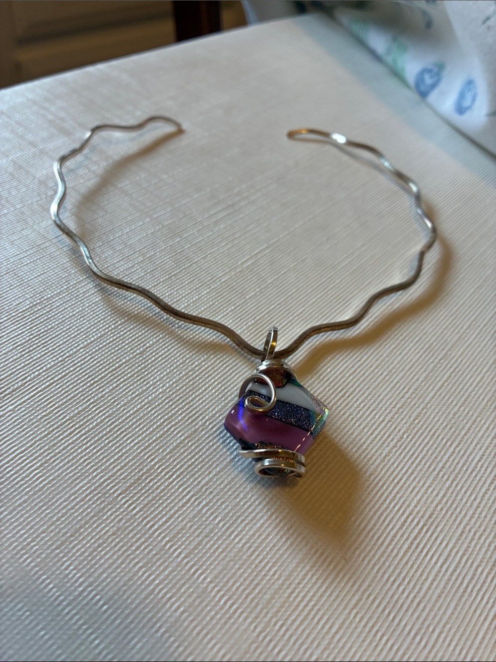 Artisan Iridescent Purple and Blue Glass Wave Collar Necklace
